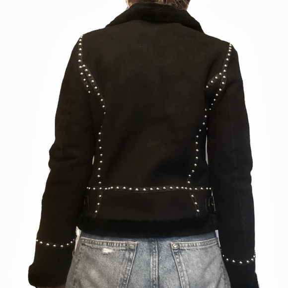 Givenchy Paris Black Shearling Wool Red Leather Studded Moto Jacket Size Medium - Picture 8 of 16